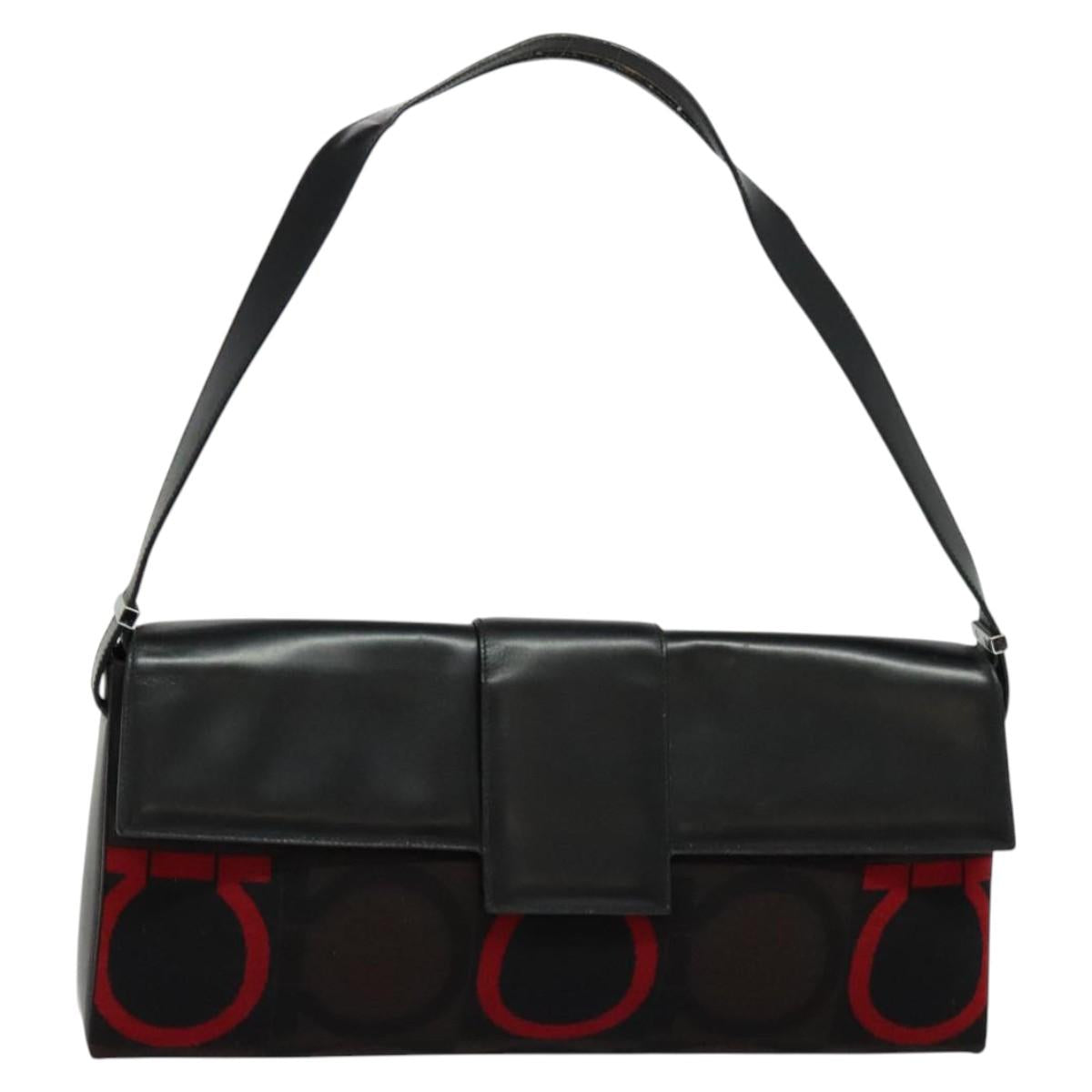 Salvatore Ferragamo Gancini Bag Canvas Leather Black Silver Auth bs24330