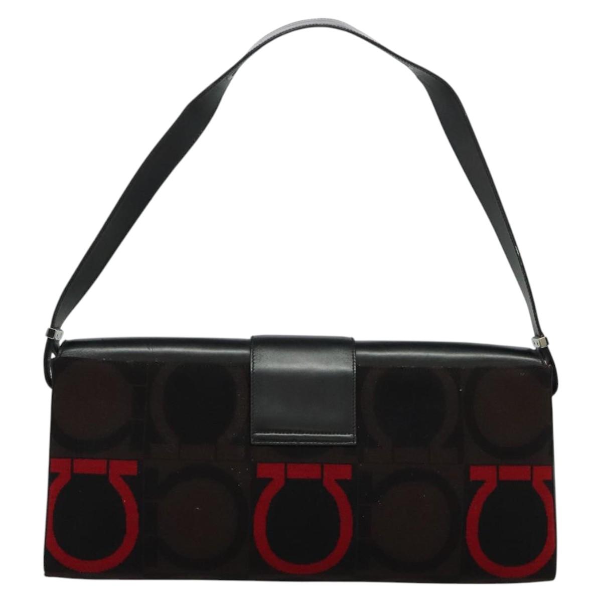 Salvatore Ferragamo Gancini Bag Canvas Leather Black Silver Auth bs24330