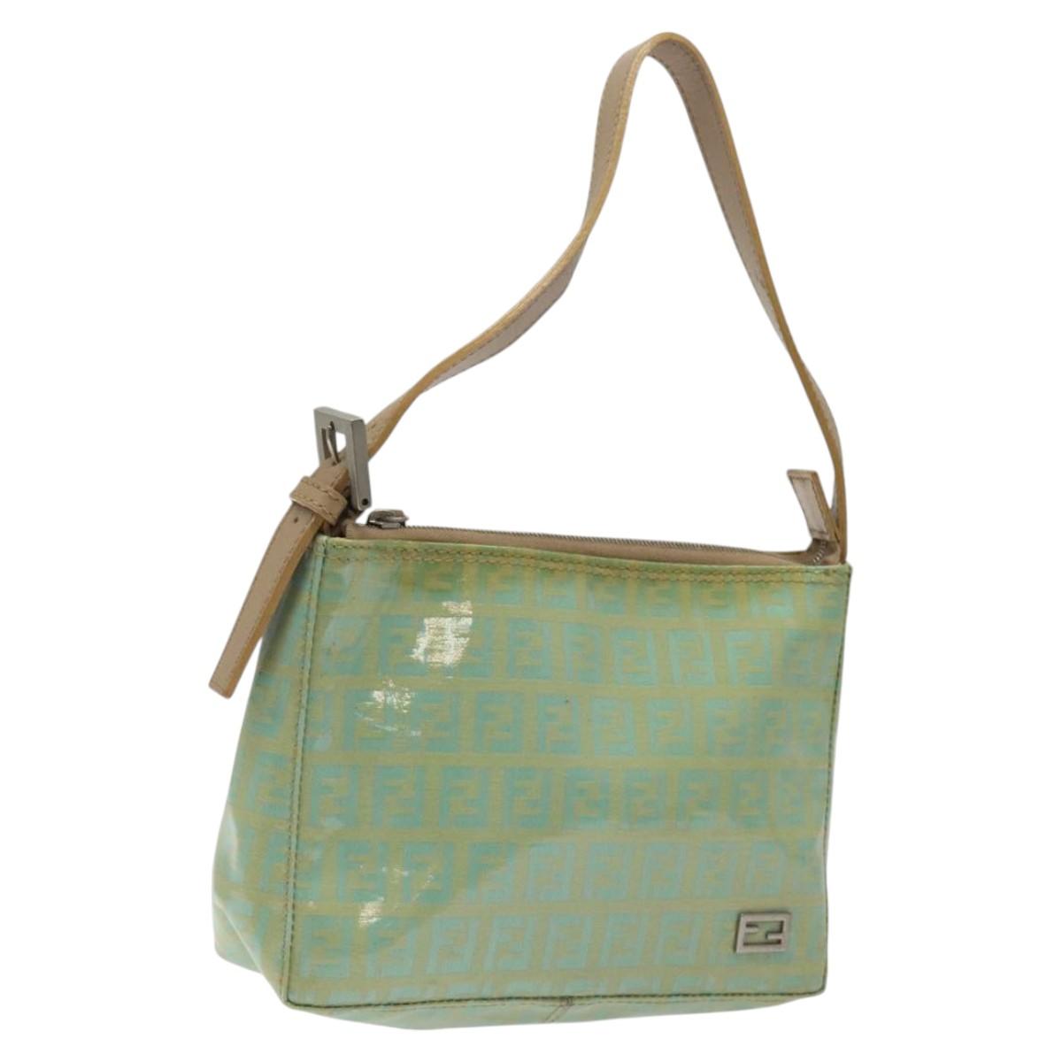 FENDI Zucchino Canvas Hand Bag Peppermint Silver Auth bs24337