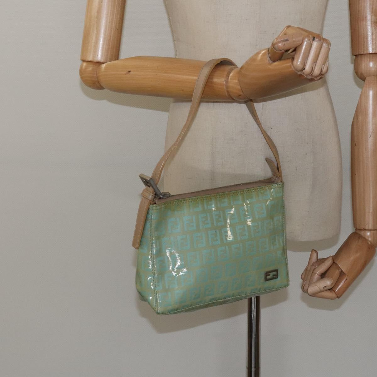 FENDI Zucchino Canvas Hand Bag Peppermint Silver Auth bs24337