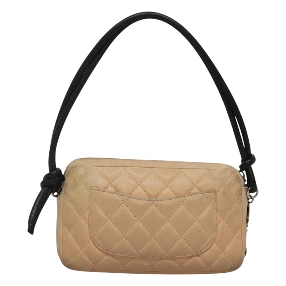 CHANEL Cambon Line Matelasse Shoulder Bag Lamb Skin Beige Black CC Auth bs24360
