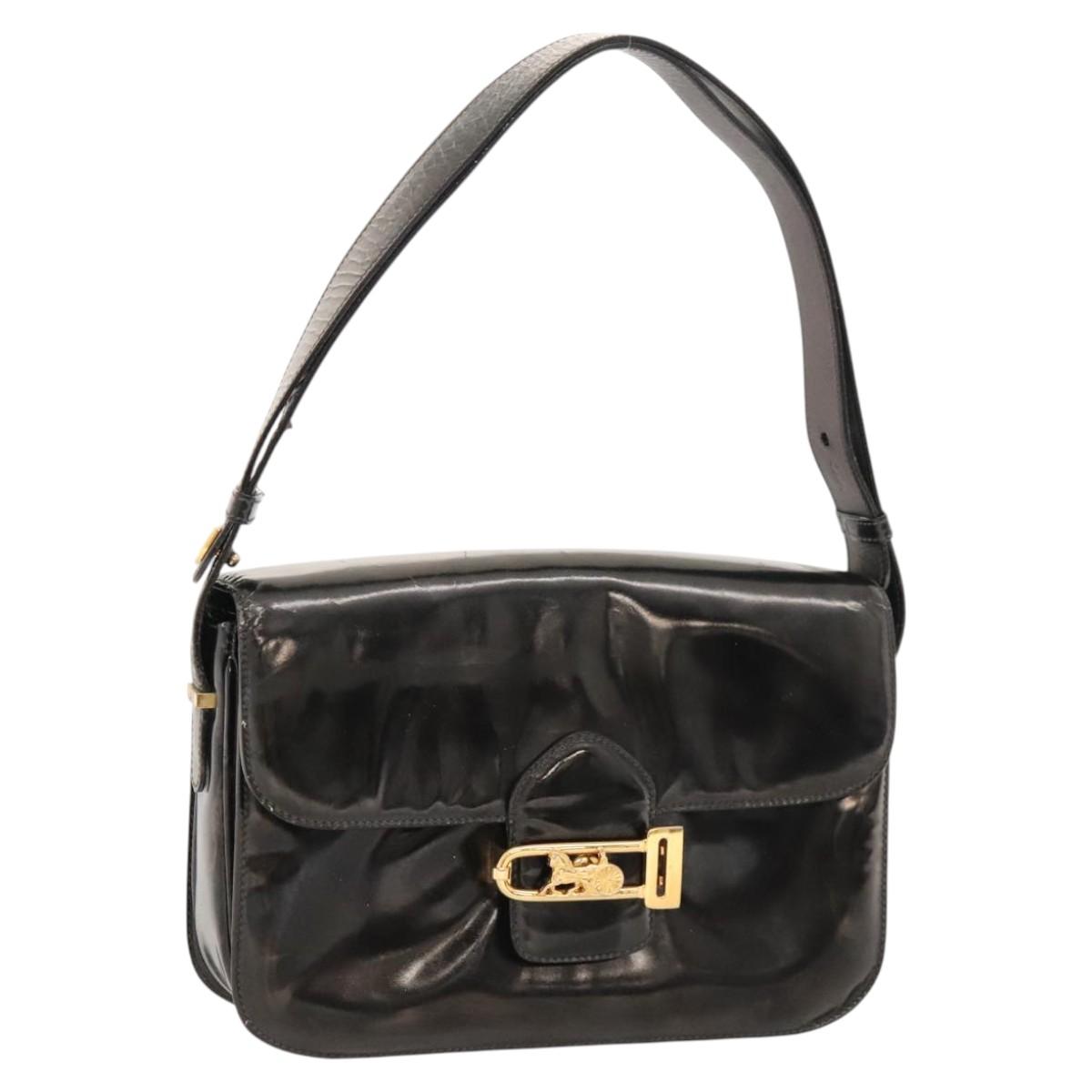 CELINE Horse Carriage Shoulder Bag Enamel Black Auth bs24388