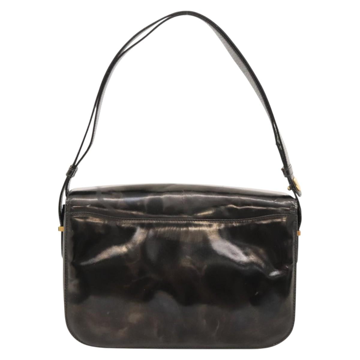 CELINE Horse Carriage Shoulder Bag Enamel Black Auth bs24388
