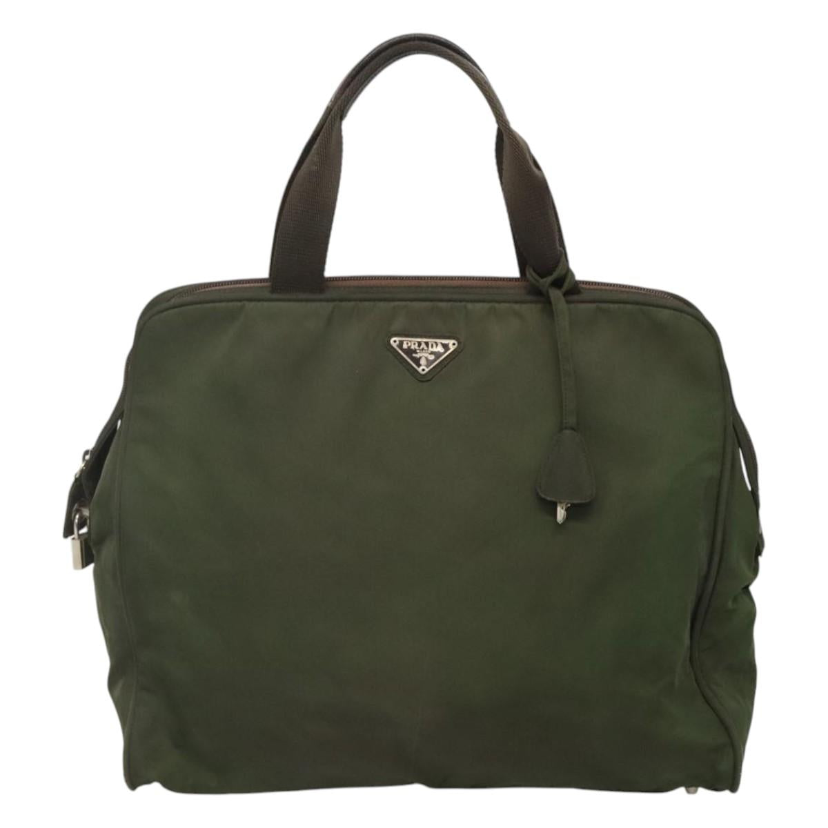 PRADA Hand Bag Nylon Khaki Silver Auth bs24401