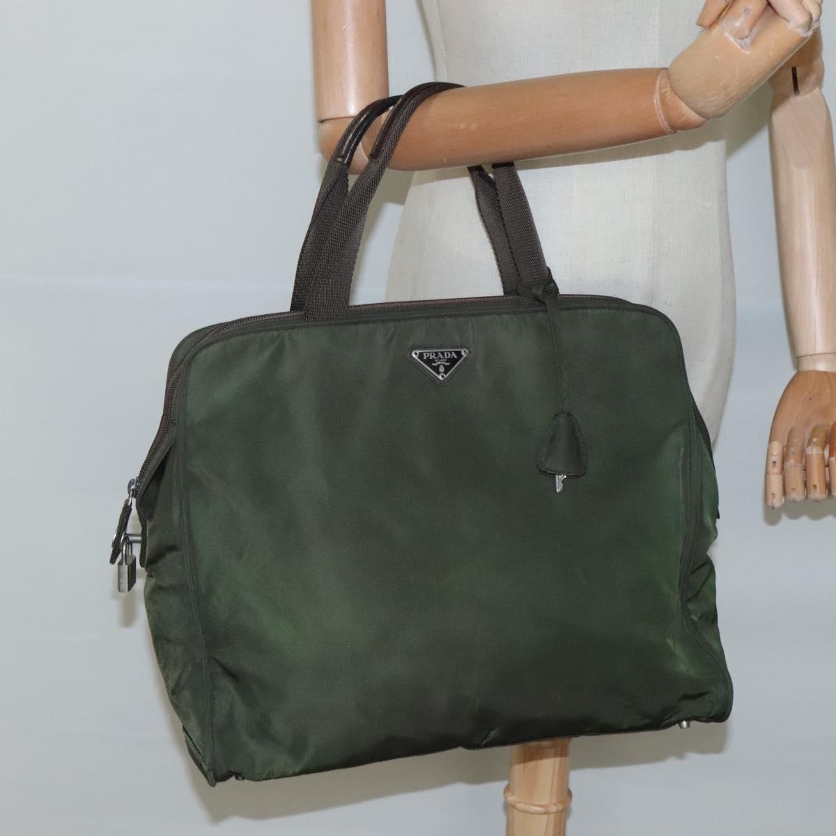 PRADA Hand Bag Nylon Khaki Silver Auth bs24401