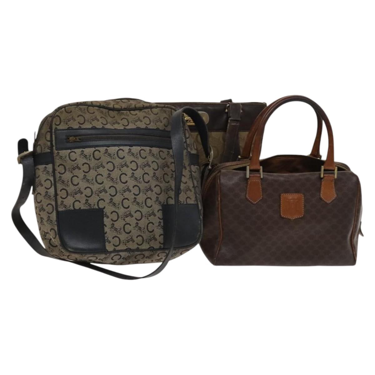 CELINE Macadam Canvas Shoulder Hand Bag PVC Canvas 3Set Brown Navy Auth bs24405