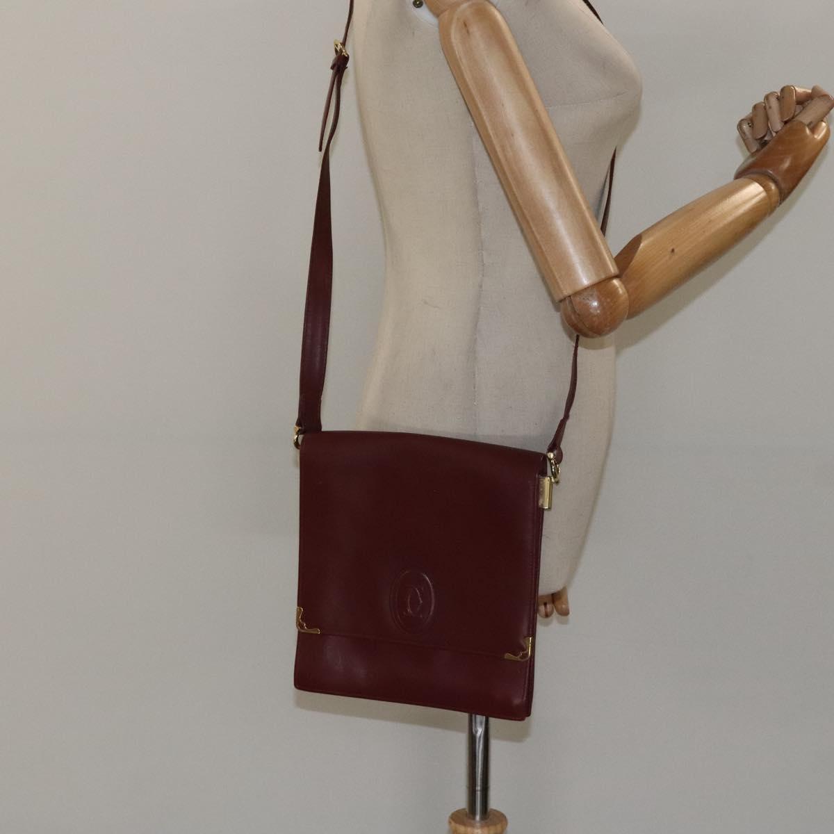 CARTIER Must Line Shoulder Bag Leather Bordeaux Gold Auth bs24414