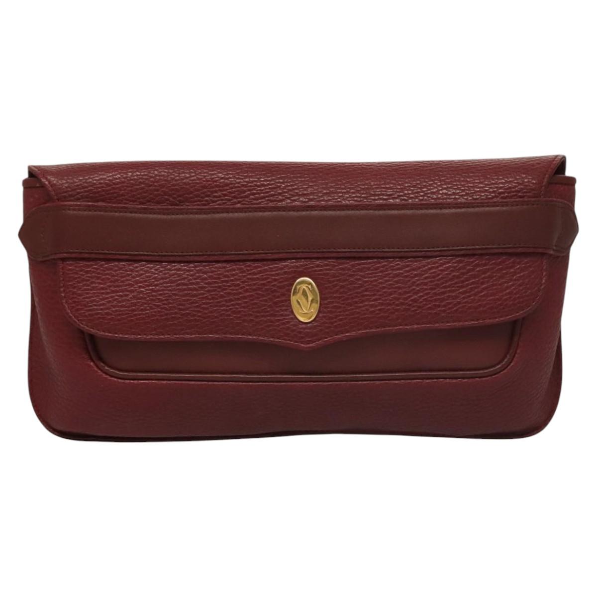 CARTIER Clutch Bag Leather Bordeaux Gold Auth bs24416