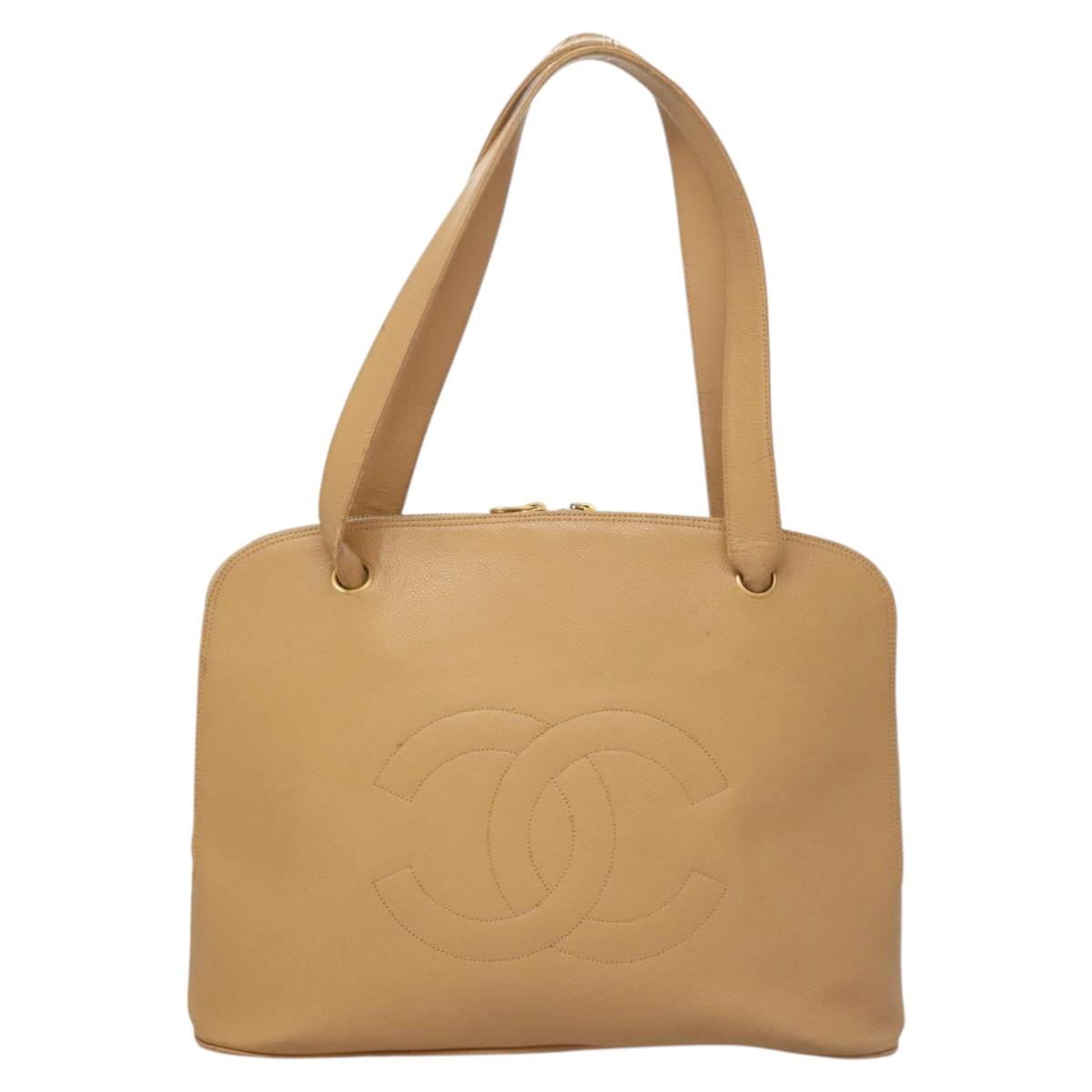 CHANEL Shoulder Bag Calf Skin Beige CC Auth bs24445