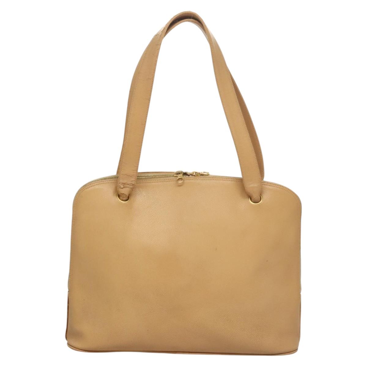 CHANEL Shoulder Bag Calf Skin Beige CC Auth bs24445