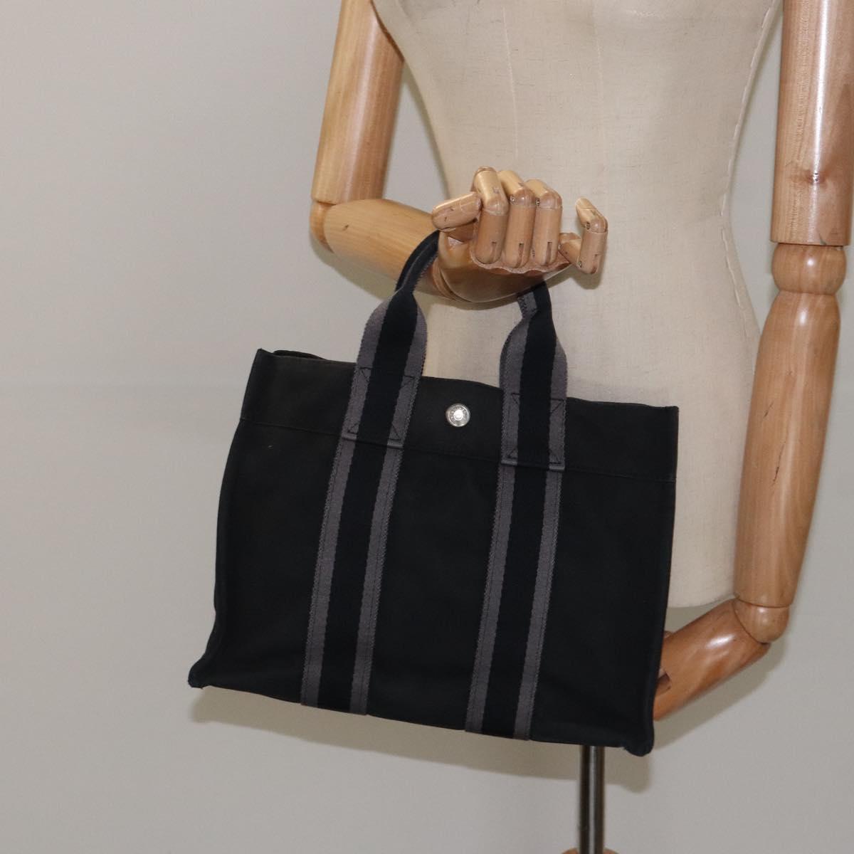HERMES Fourre Tout PM Hand Bag Canvas Black Silver Auth bs24474