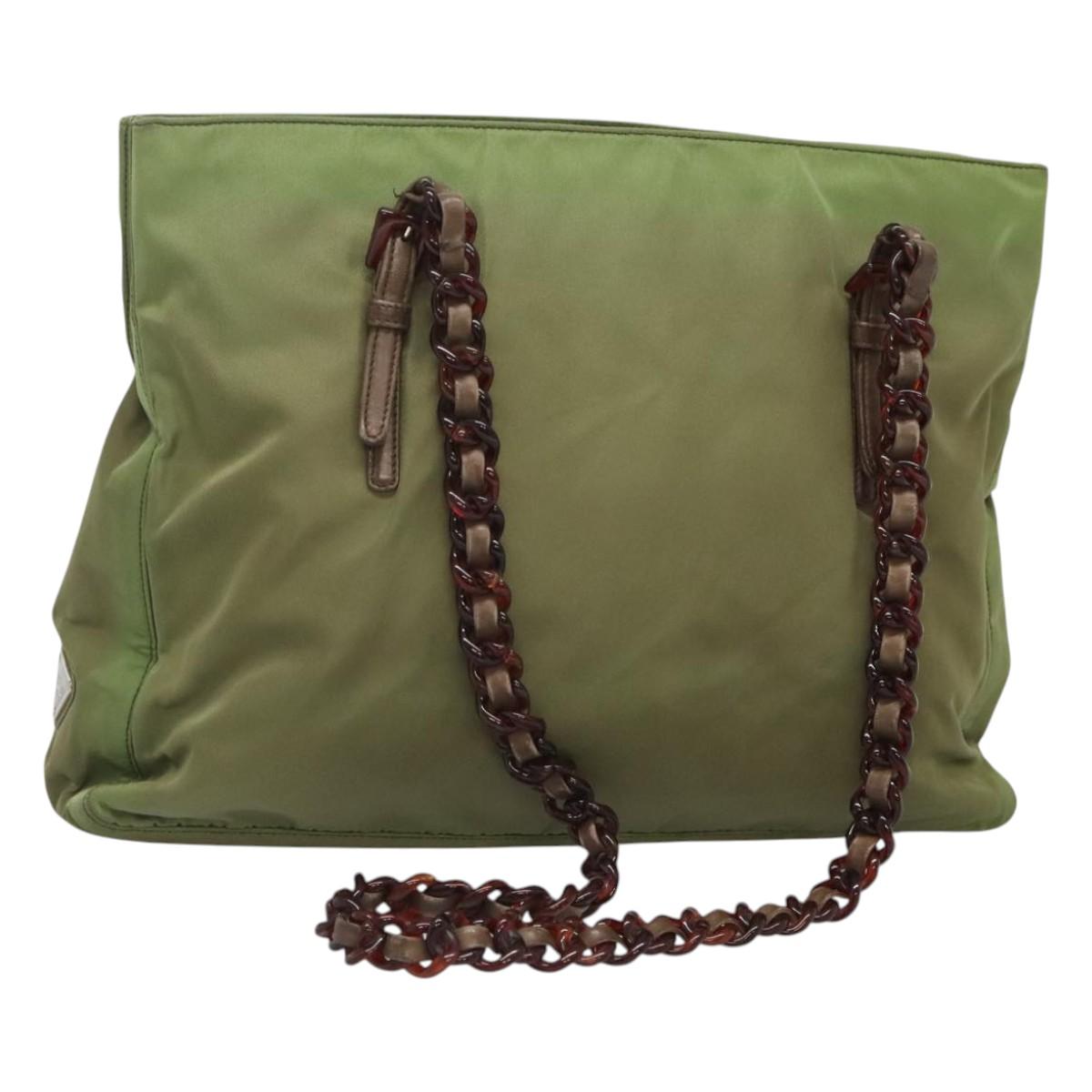 PRADA Shoulder Bag Nylon Khaki Silver Auth bs24489