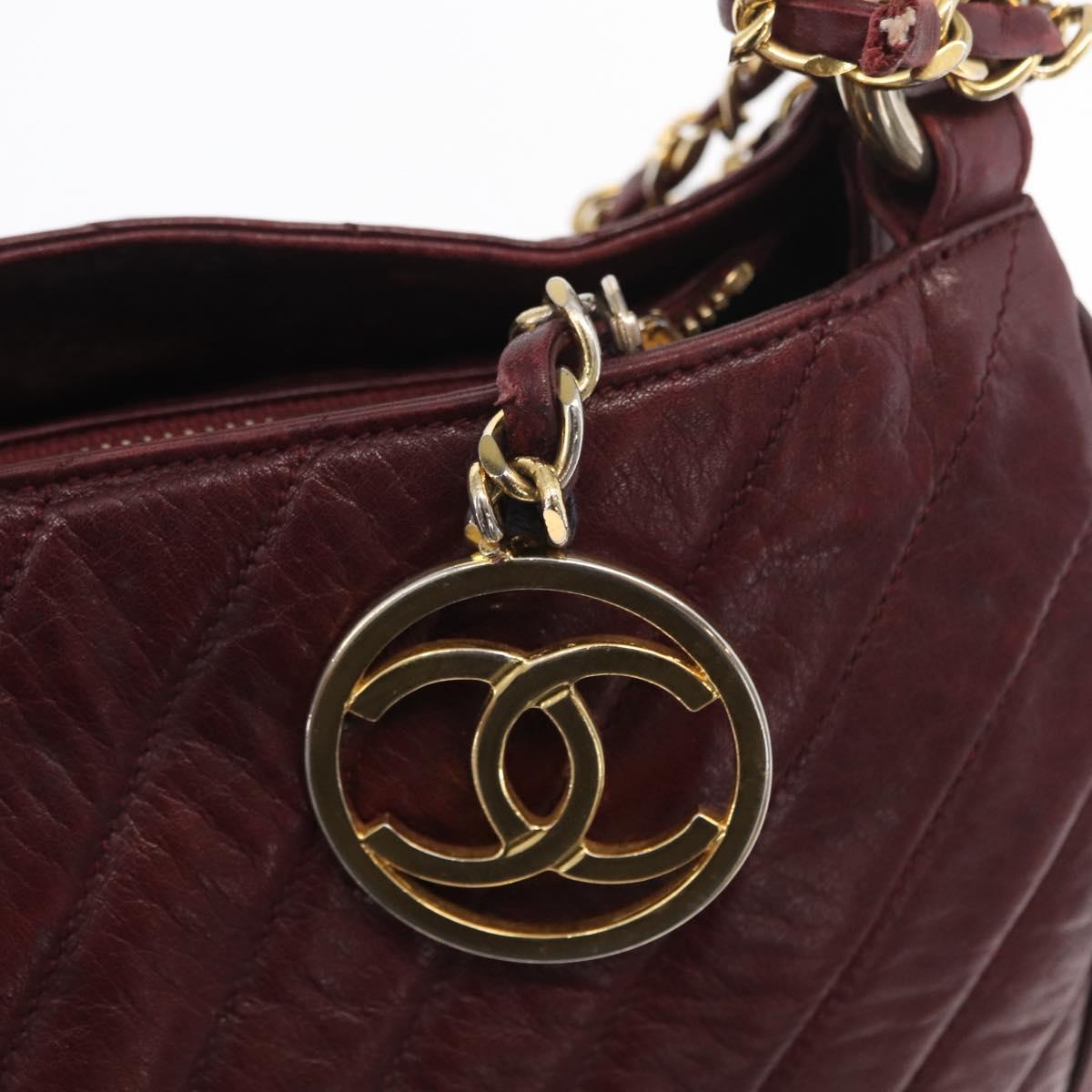 CHANEL Chain V Stitch Shoulder Bag Lamb Skin Bordeaux Gold CC Auth bs24546