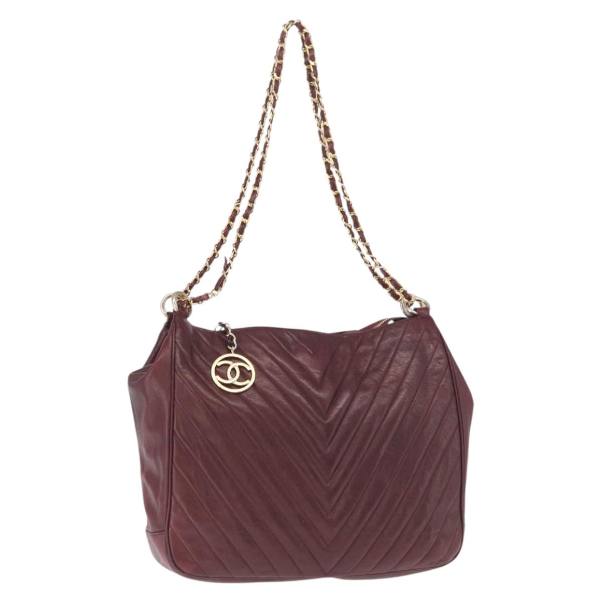 CHANEL Chain V Stitch Shoulder Bag Lamb Skin Bordeaux Gold CC Auth bs24546