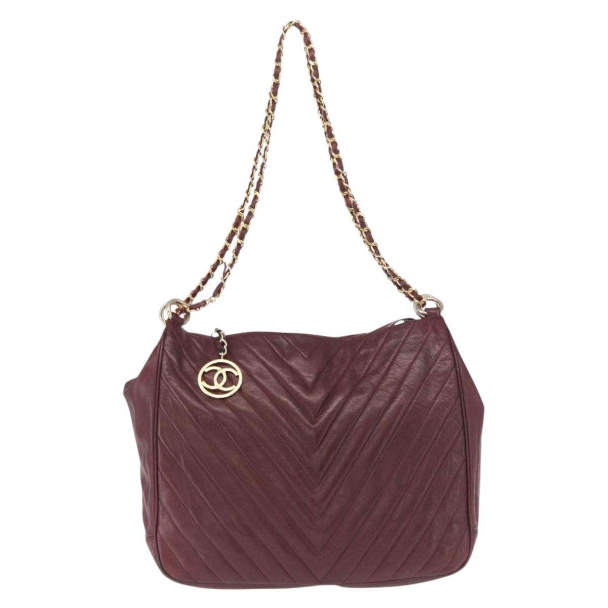 CHANEL Chain V Stitch Shoulder Bag Lamb Skin Bordeaux Gold CC Auth bs24546