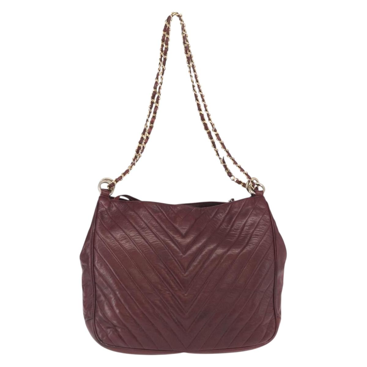 CHANEL Chain V Stitch Shoulder Bag Lamb Skin Bordeaux Gold CC Auth bs24546