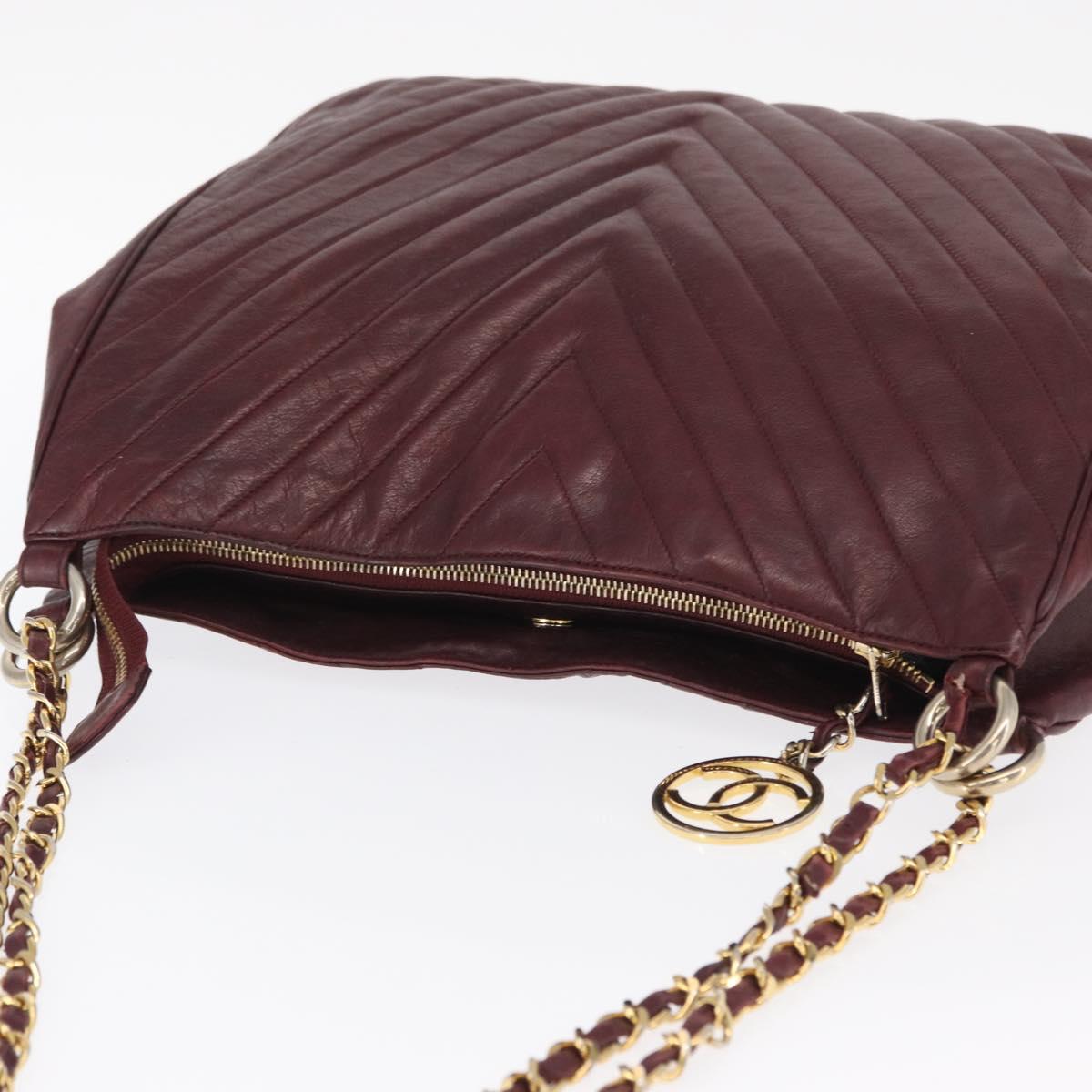 CHANEL Chain V Stitch Shoulder Bag Lamb Skin Bordeaux Gold CC Auth bs24546