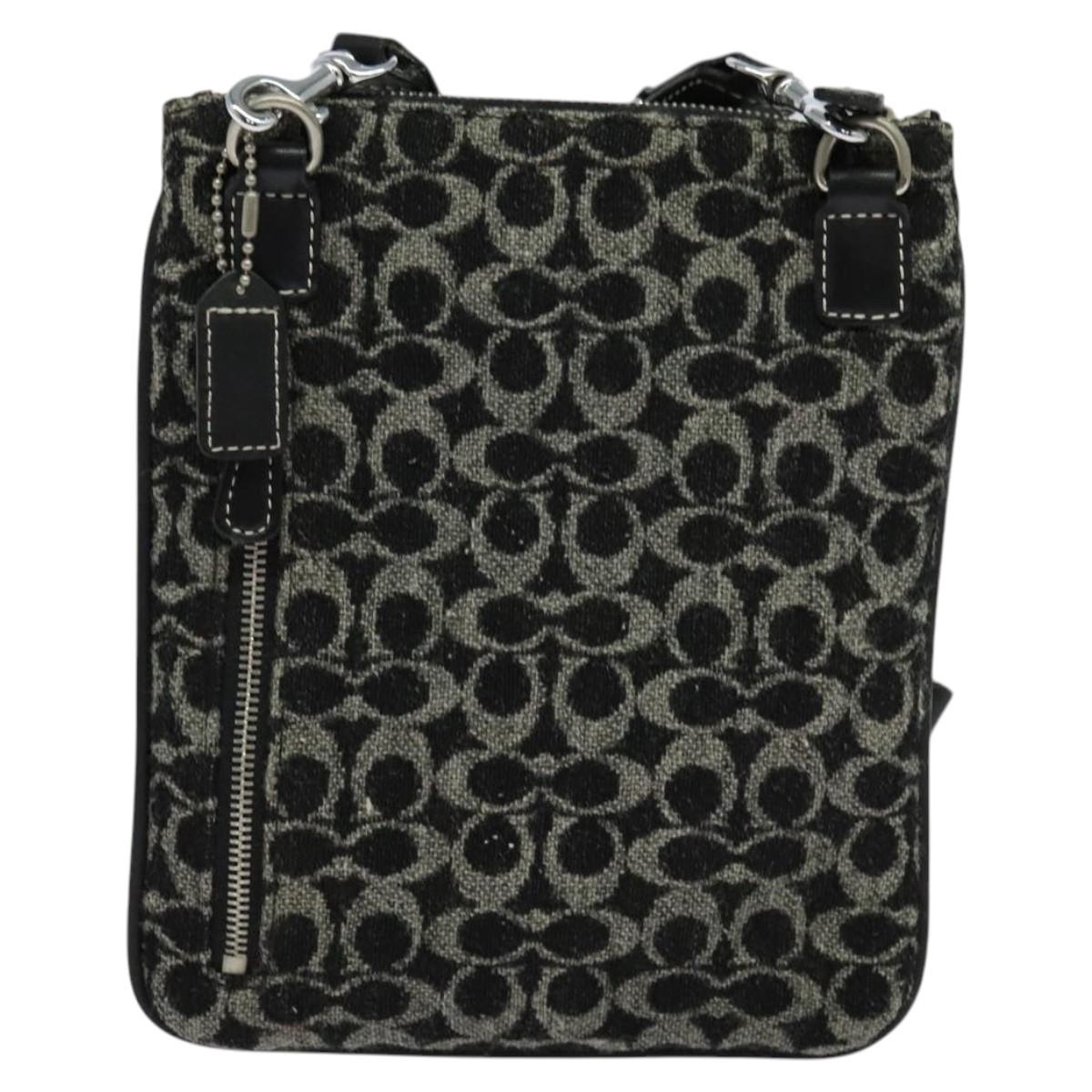 Coach Signature Shoulder Bag Canvas Black Silver Auth bs24655