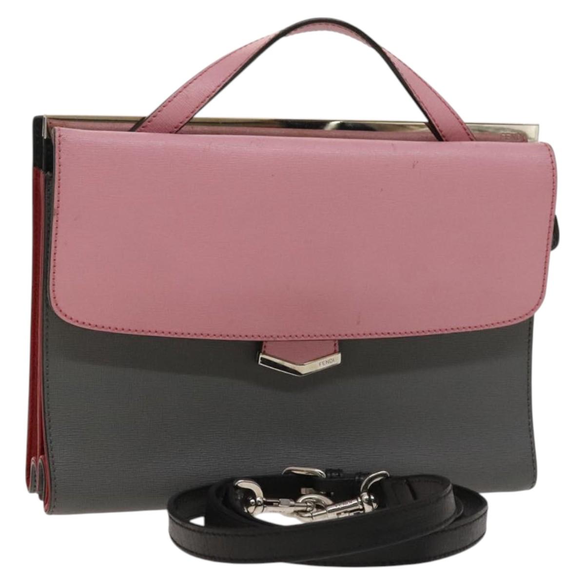 FENDI Hand Bag Leather 2way Gray Silver Auth bs24671