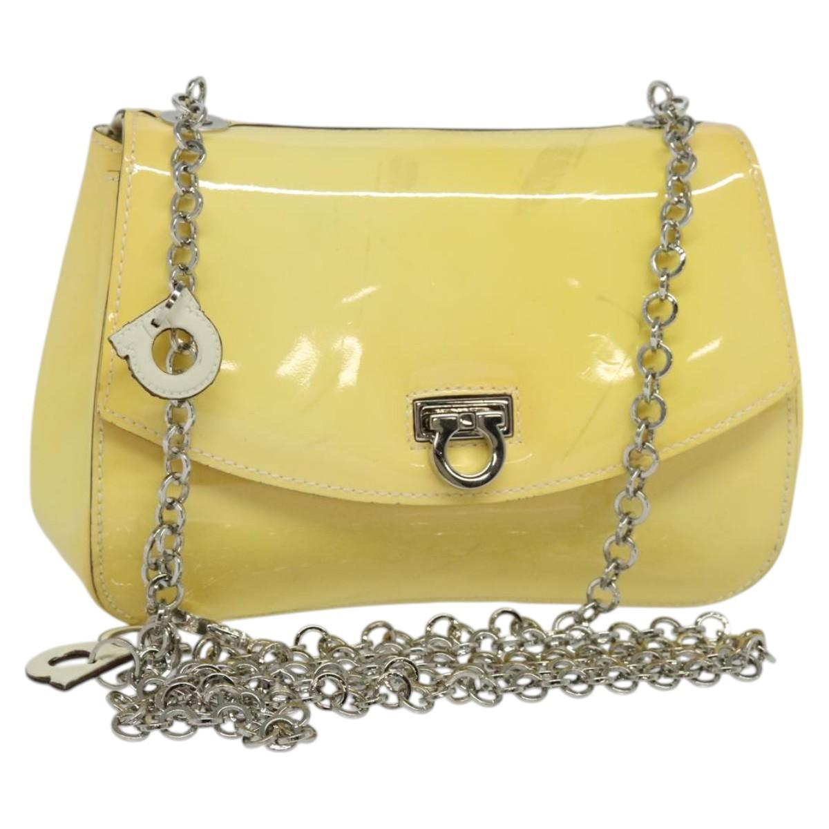 Salvatore Ferragamo Gancini Chain Shoulder Bag Enamel Yellow Silver Auth bs24676