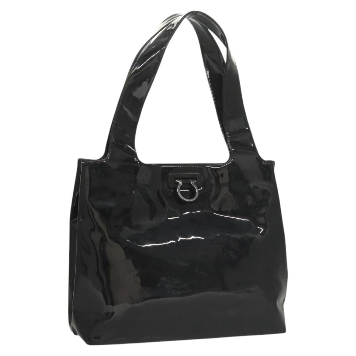 Salvatore Ferragamo Gancini Shoulder Bag Enamel Black Silver Auth bs24679
