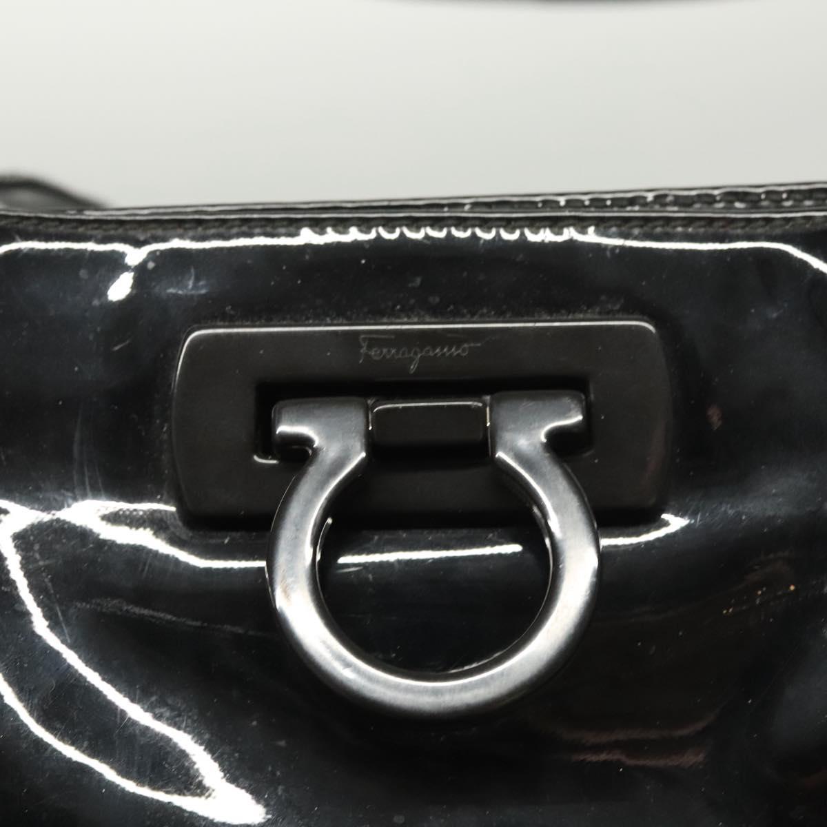 Salvatore Ferragamo Gancini Shoulder Bag Enamel Black Silver Auth bs24679