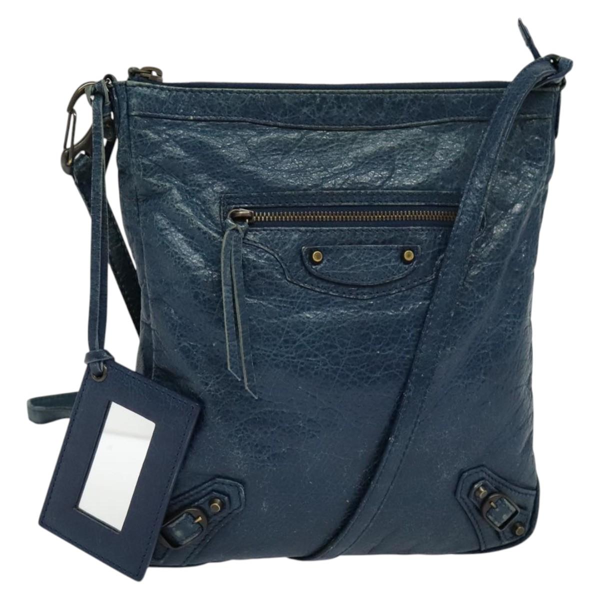 BALENCIAGA Classic Flat Shoulder Bag Leather Blue Auth bs24746