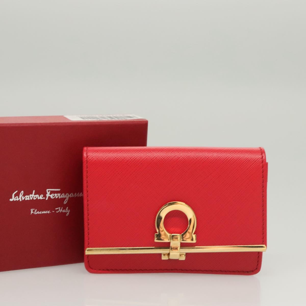 Salvatore Ferragamo Gancini Card Case Leather Red Gold Auth bs24757