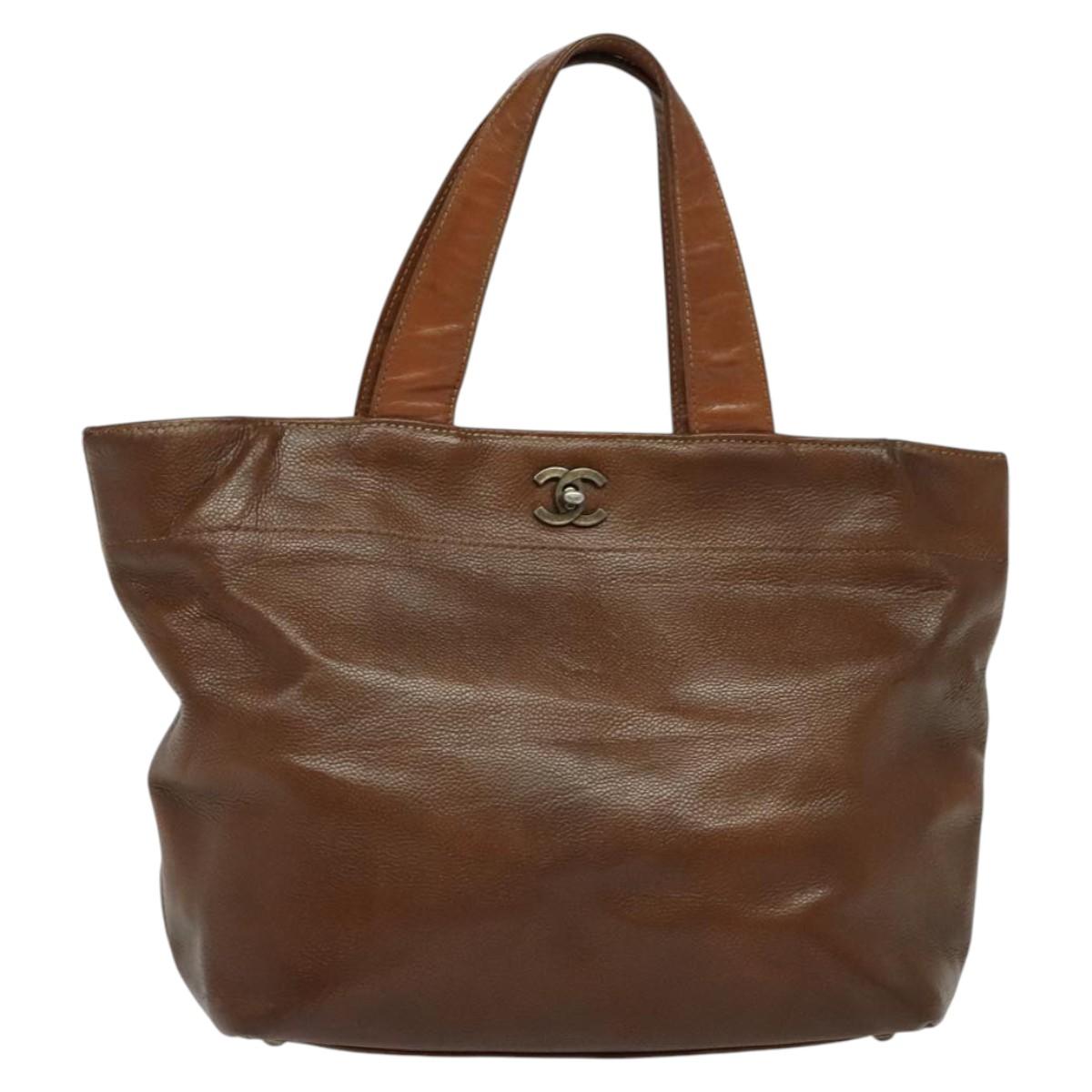 CHANEL Calf Skin Tote Bag Brown CC Auth bs24764