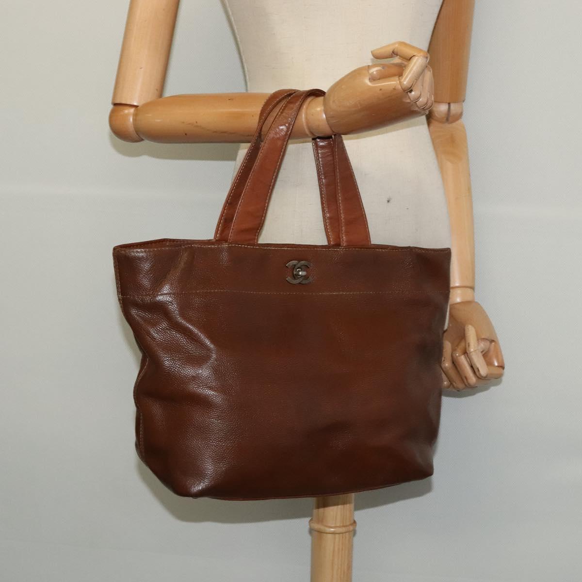 CHANEL Calf Skin Tote Bag Brown CC Auth bs24764