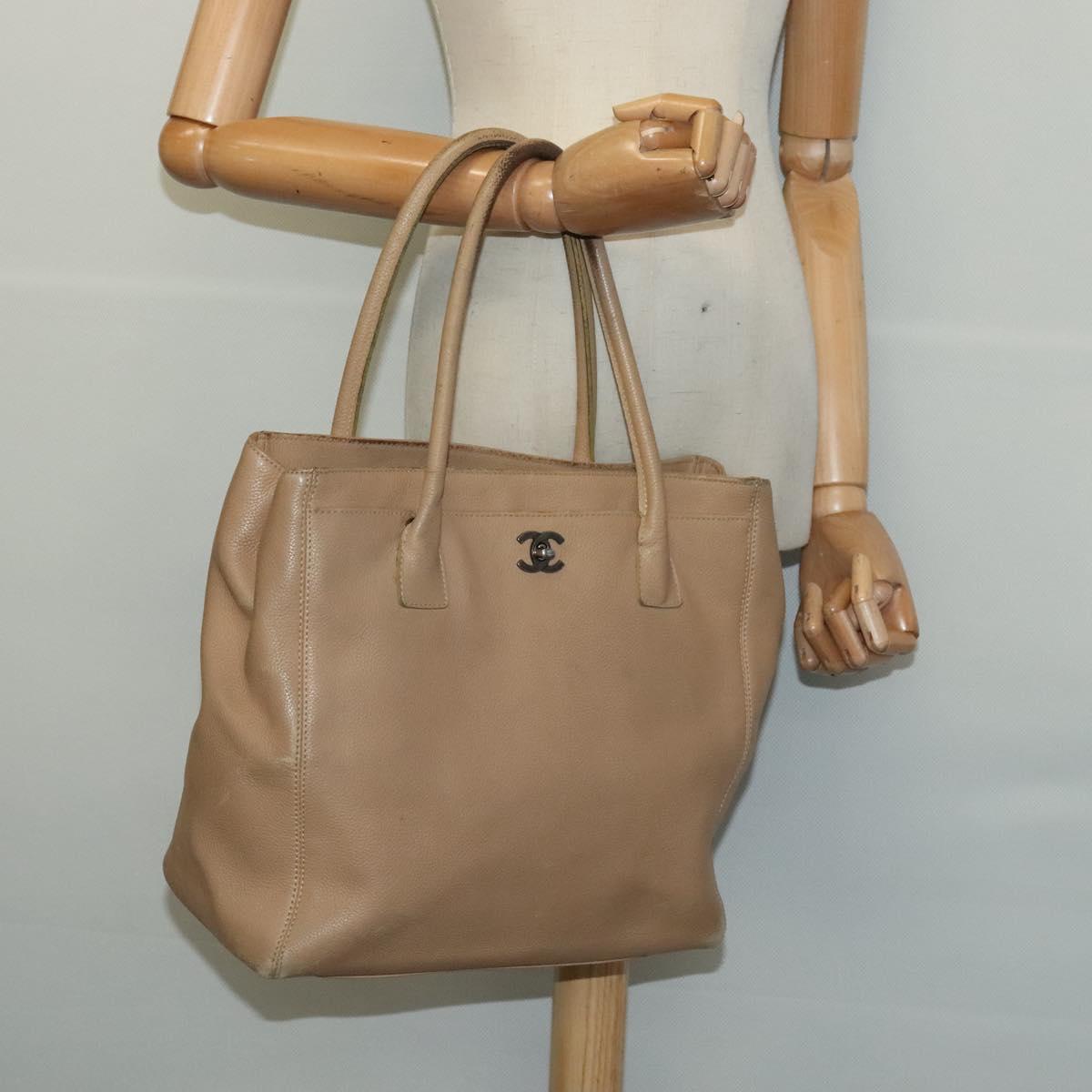 CHANEL Tote Bag Caviar Skin Beige Gold CC Auth bs24765