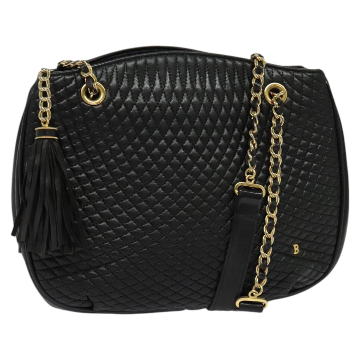 BALLY Chain Shoulder Bag Leather Black Gold Auth bs24787