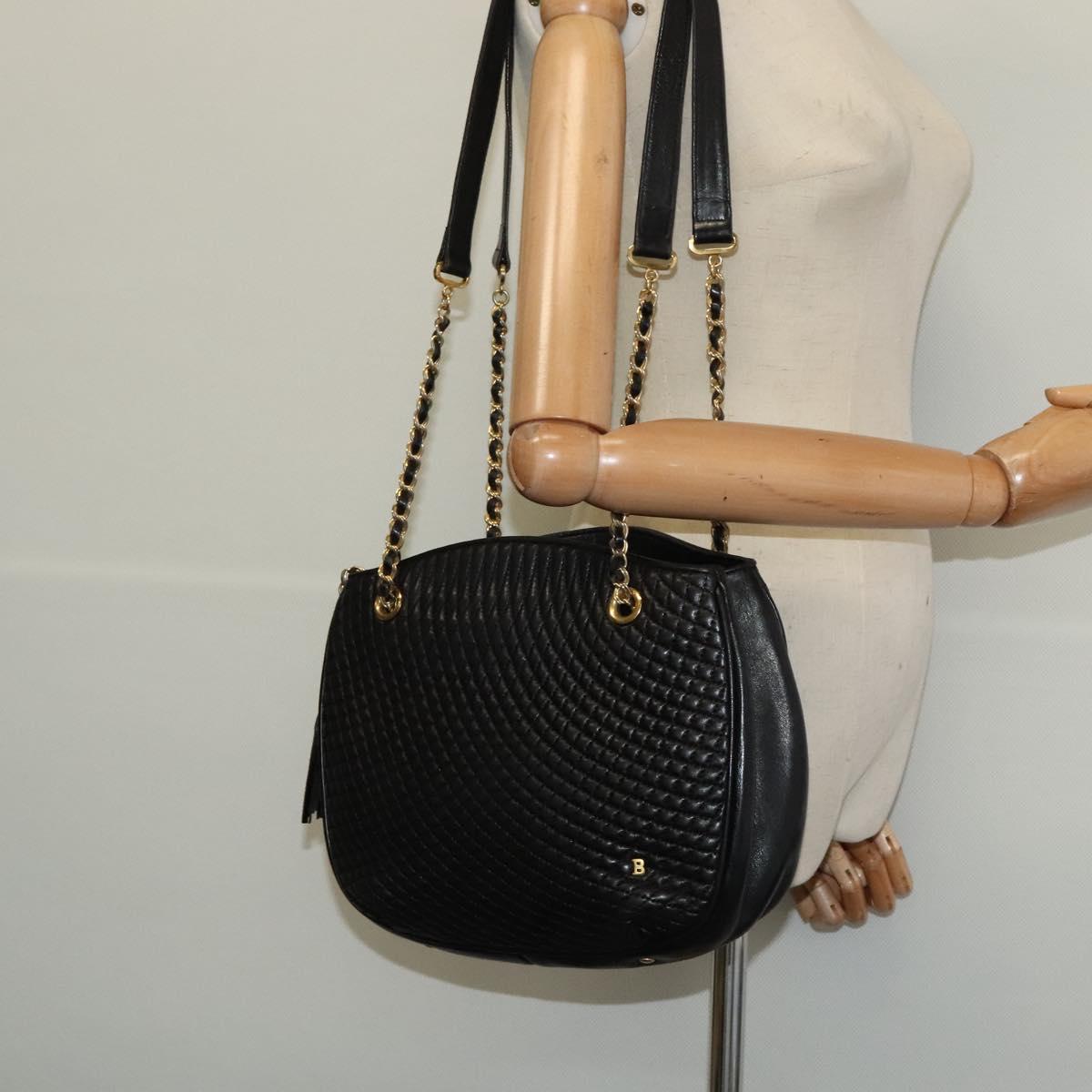 BALLY Chain Shoulder Bag Leather Black Gold Auth bs24787