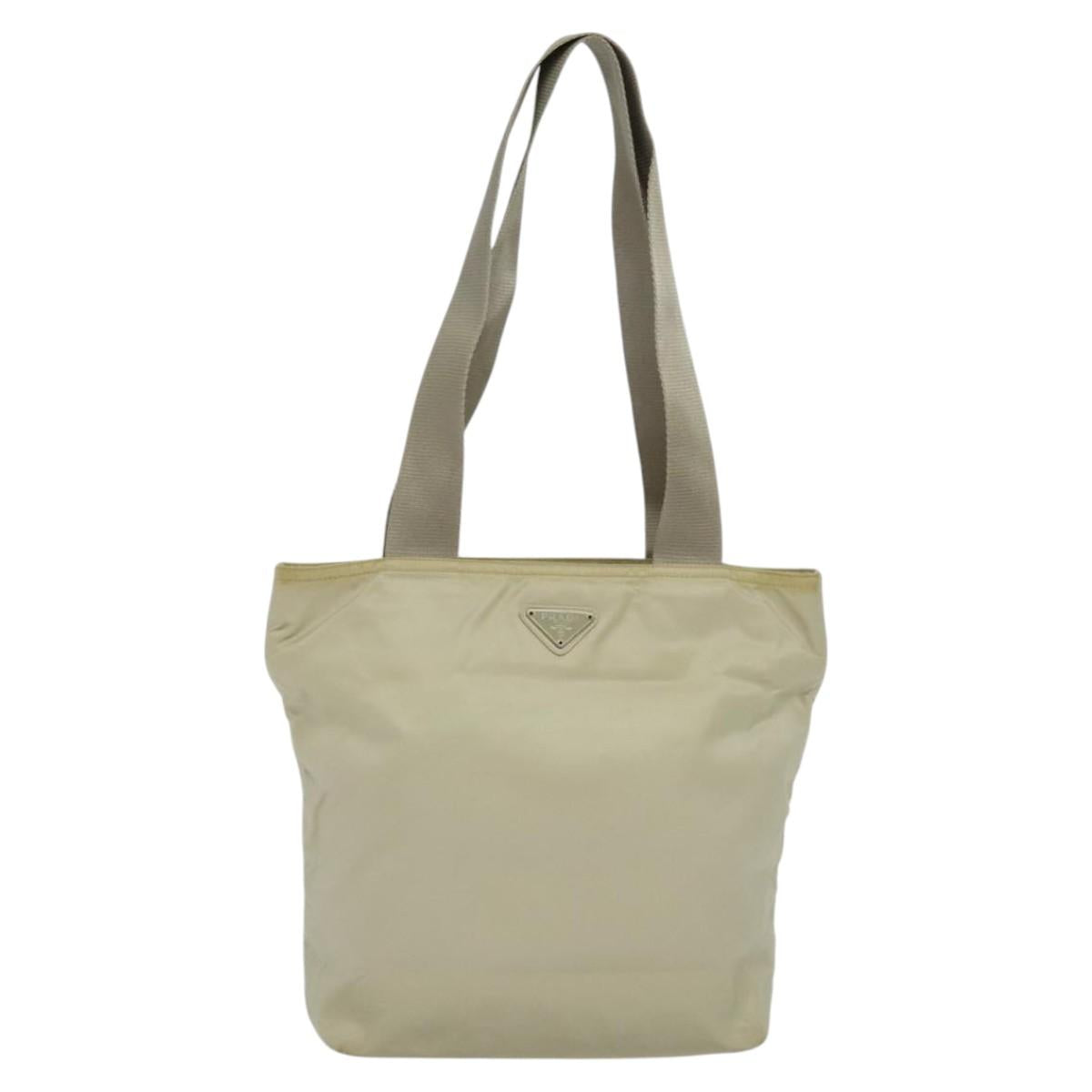PRADA Tote Bag Nylon Beige Silver Auth bs24791