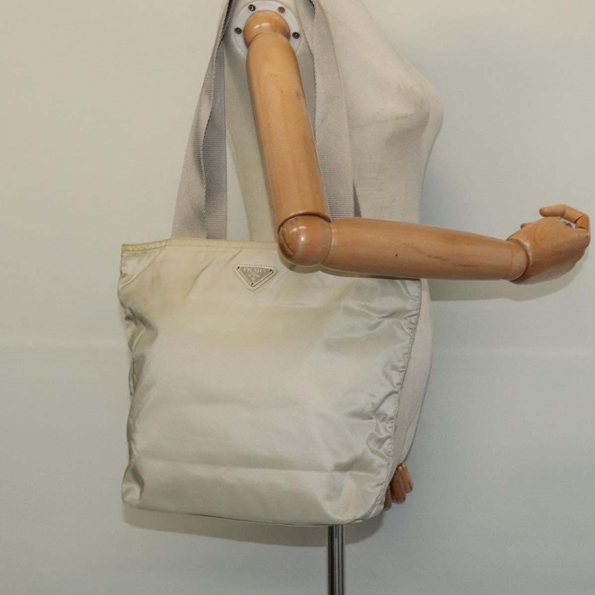 PRADA Tote Bag Nylon Beige Silver Auth bs24791