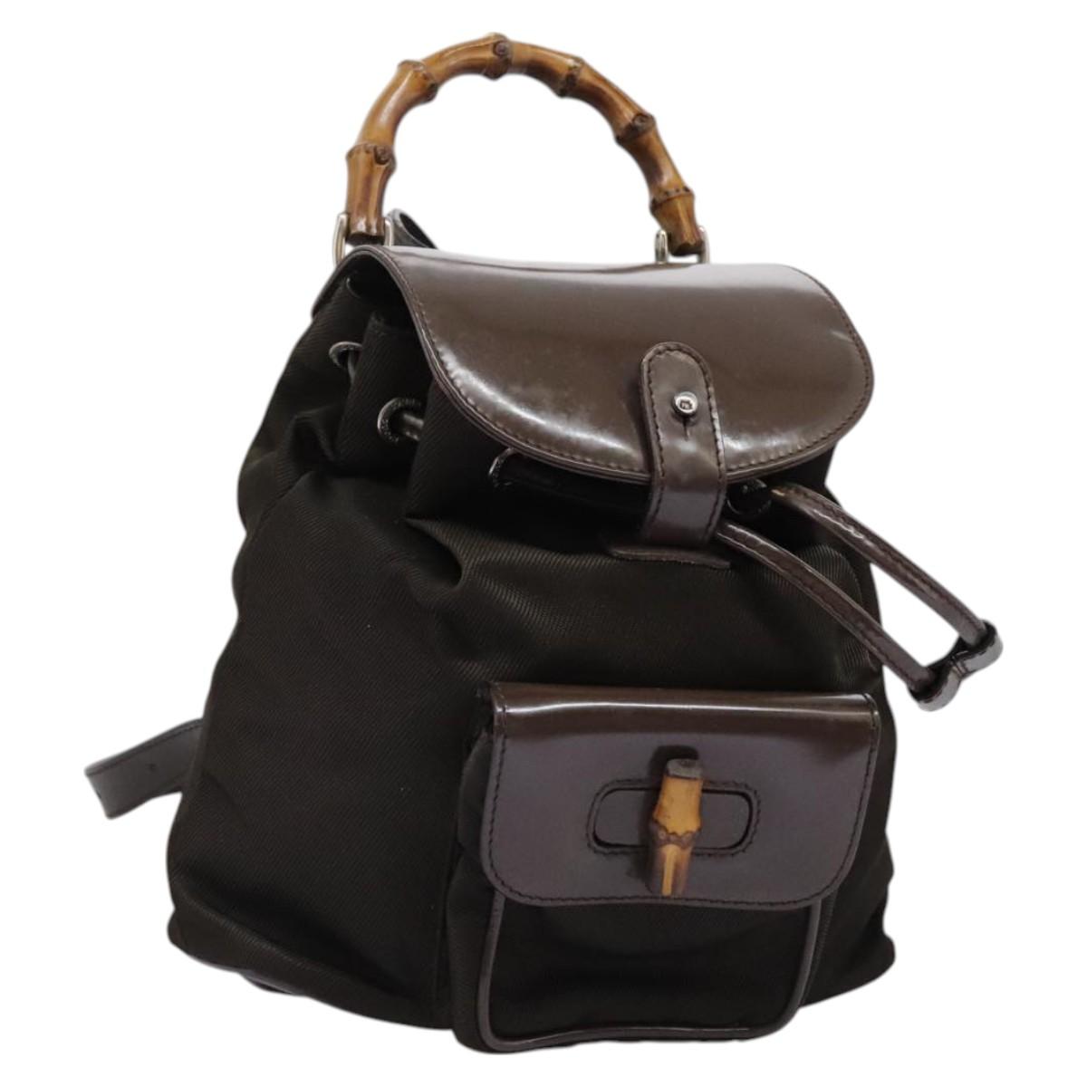 GUCCI Bamboo Backpack Nylon Brown Silver 003 1998 0030 Auth bs24832