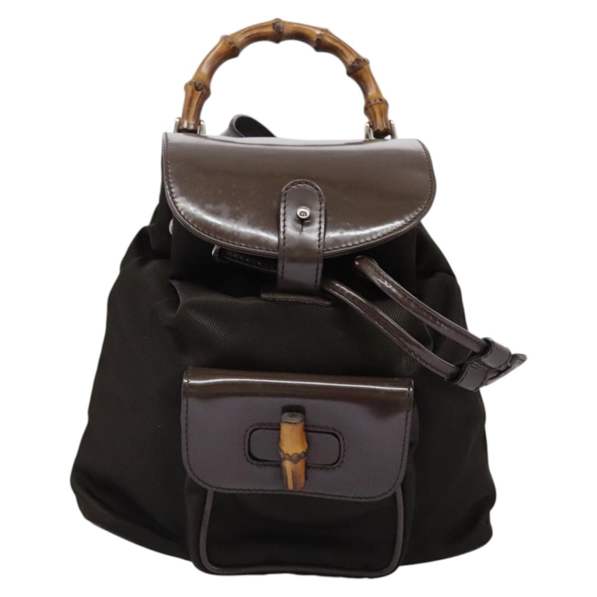 GUCCI Bamboo Backpack Nylon Brown Silver 003 1998 0030 Auth bs24832