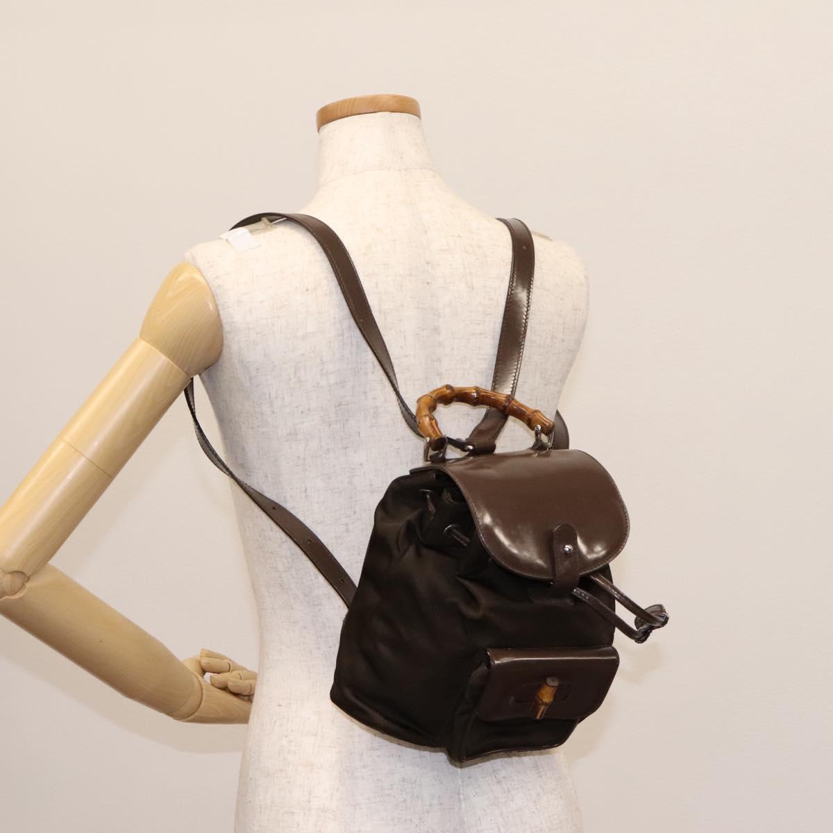 GUCCI Bamboo Backpack Nylon Brown Silver 003 1998 0030 Auth bs24832