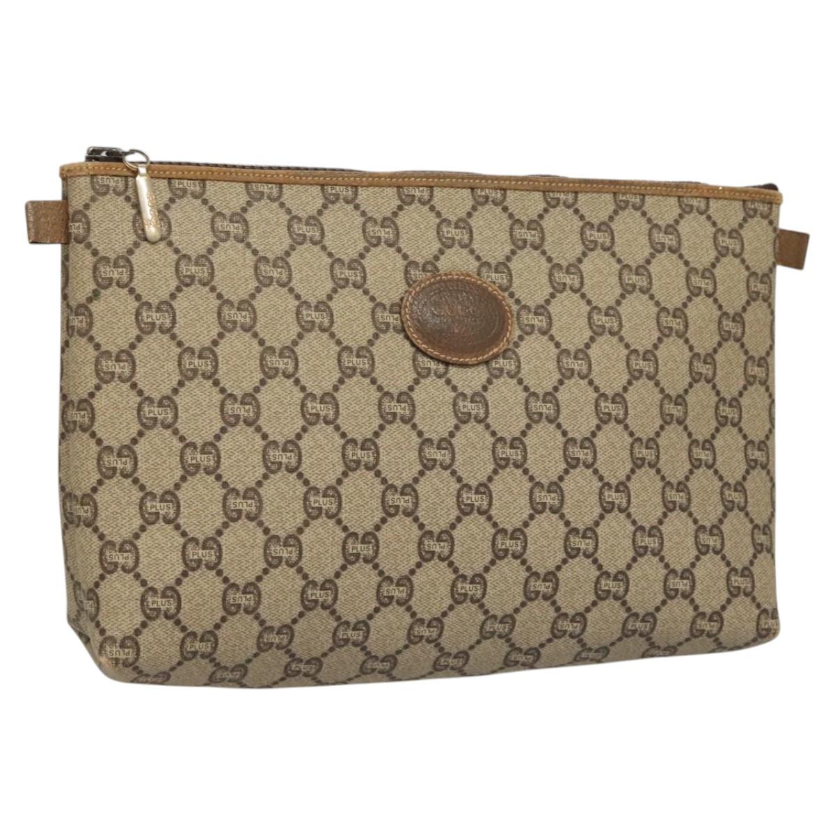 GUCCI GG Plus Supreme Clutch Bag PVC Leather Beige Gold Auth bs24854