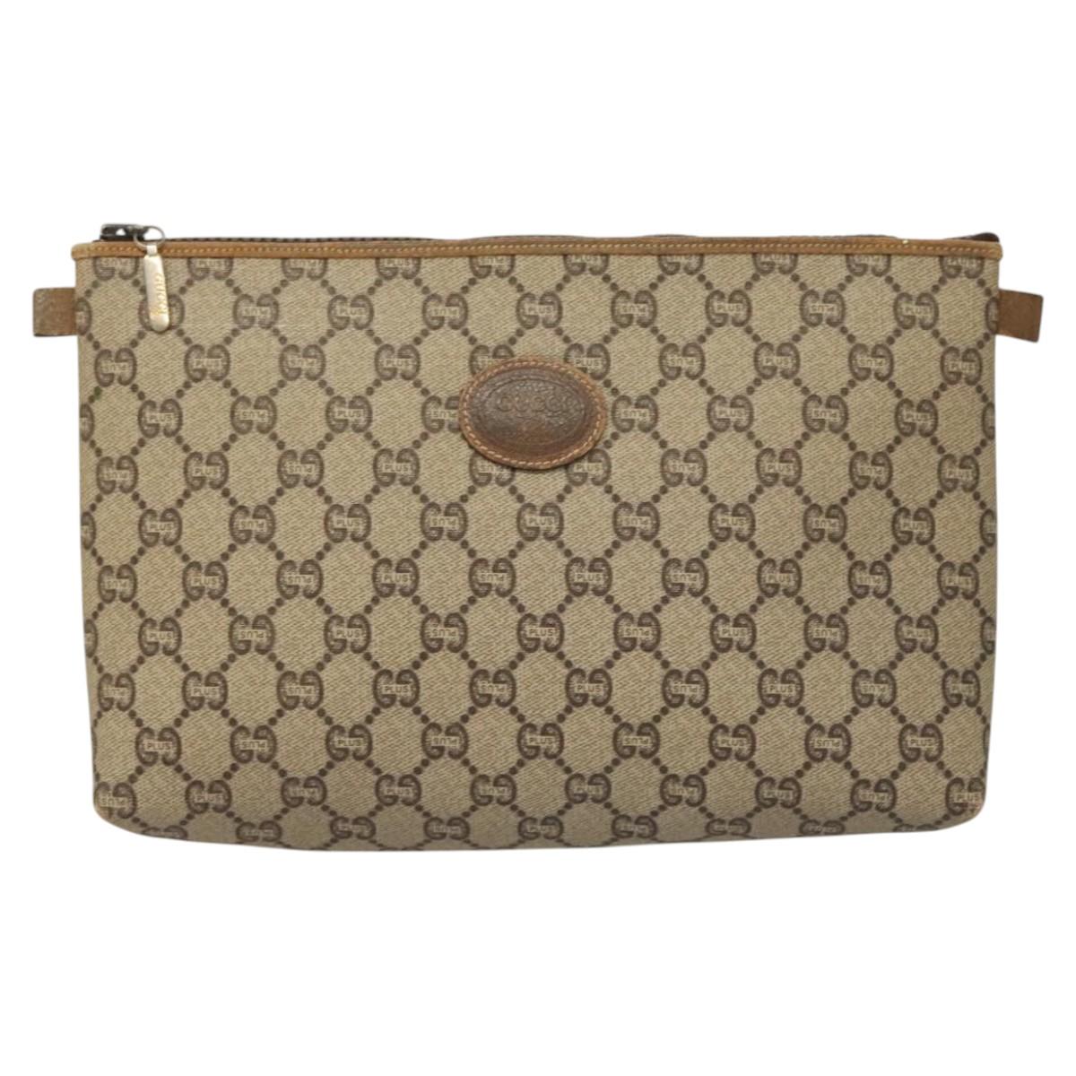 GUCCI GG Plus Supreme Clutch Bag PVC Leather Beige Gold Auth bs24854