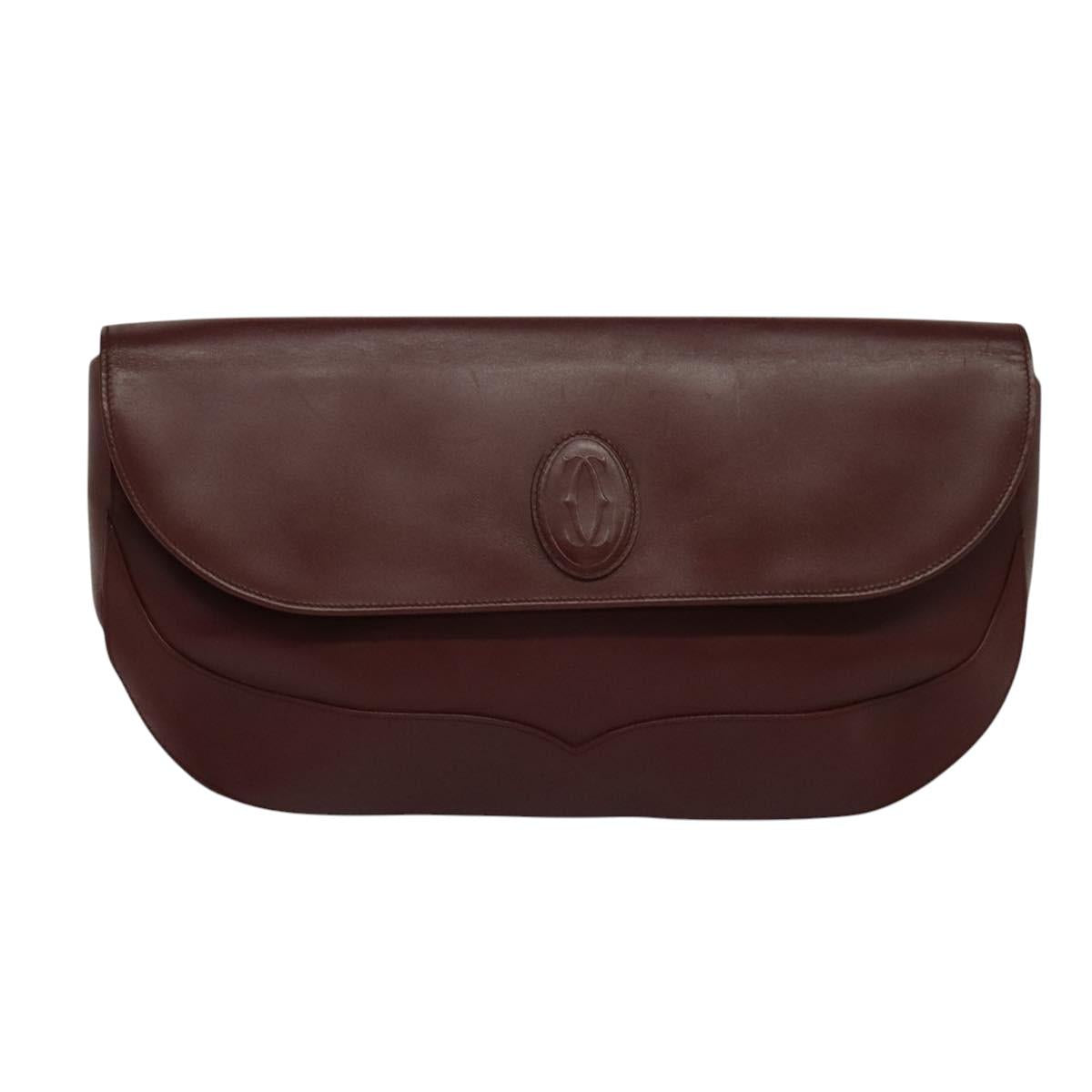 CARTIER Clutch Bag Leather Bordeaux Gold Auth bs24868