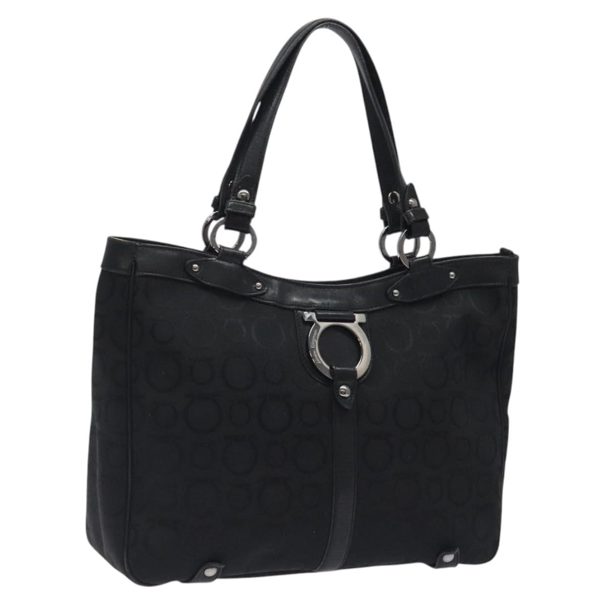 Salvatore Ferragamo Gancini Tote Bag Canvas Black Silver Auth bs24915