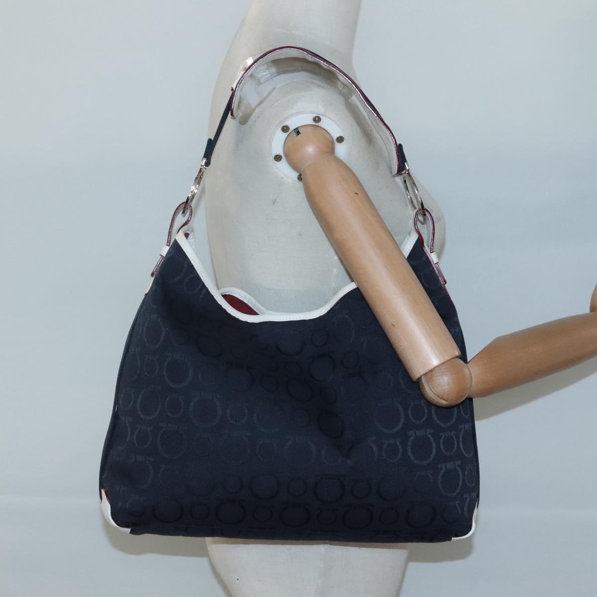 Salvatore Ferragamo Gancini Shoulder Bag Canvas Navy Silver Auth bs24930