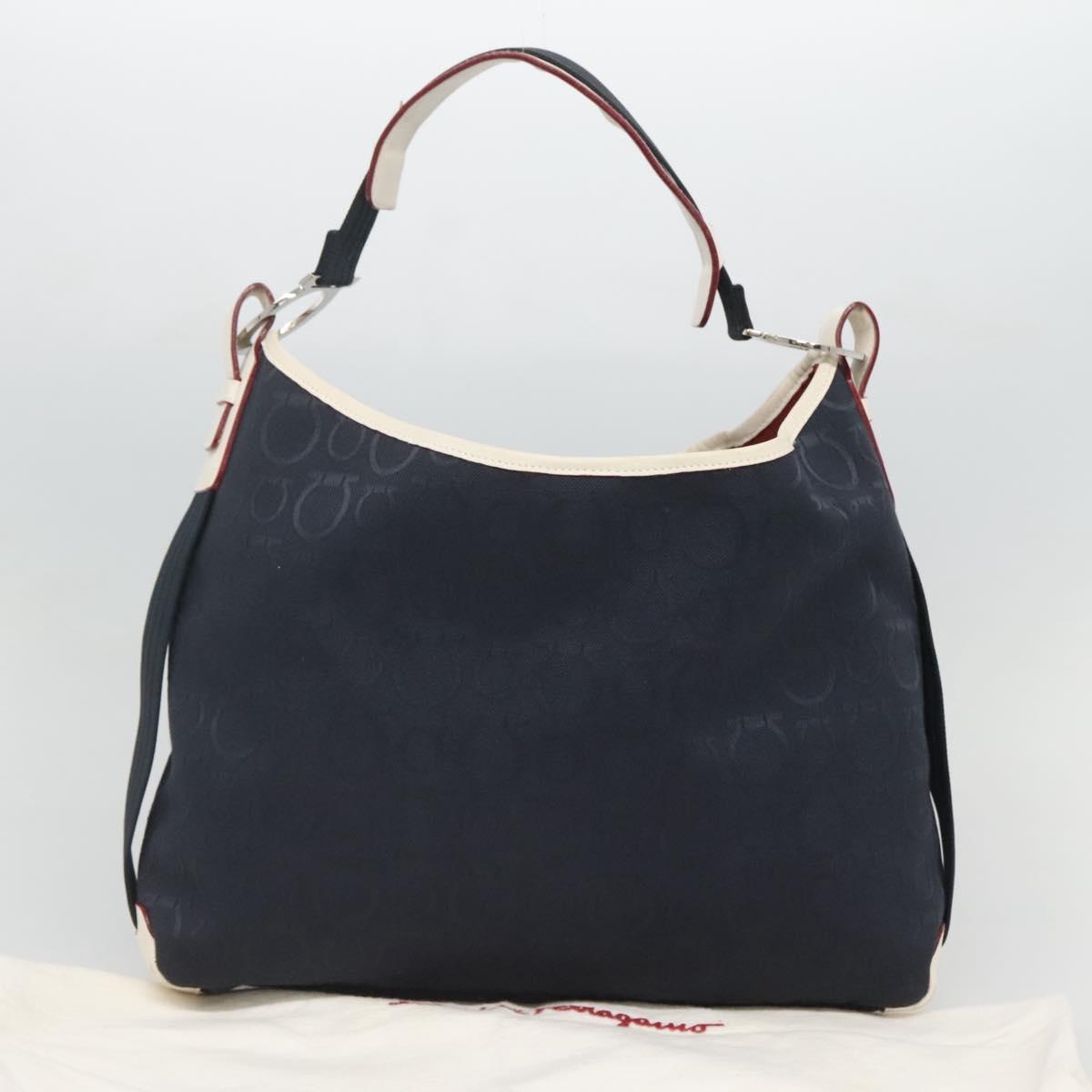 Salvatore Ferragamo Gancini Shoulder Bag Canvas Navy Silver Auth bs24930