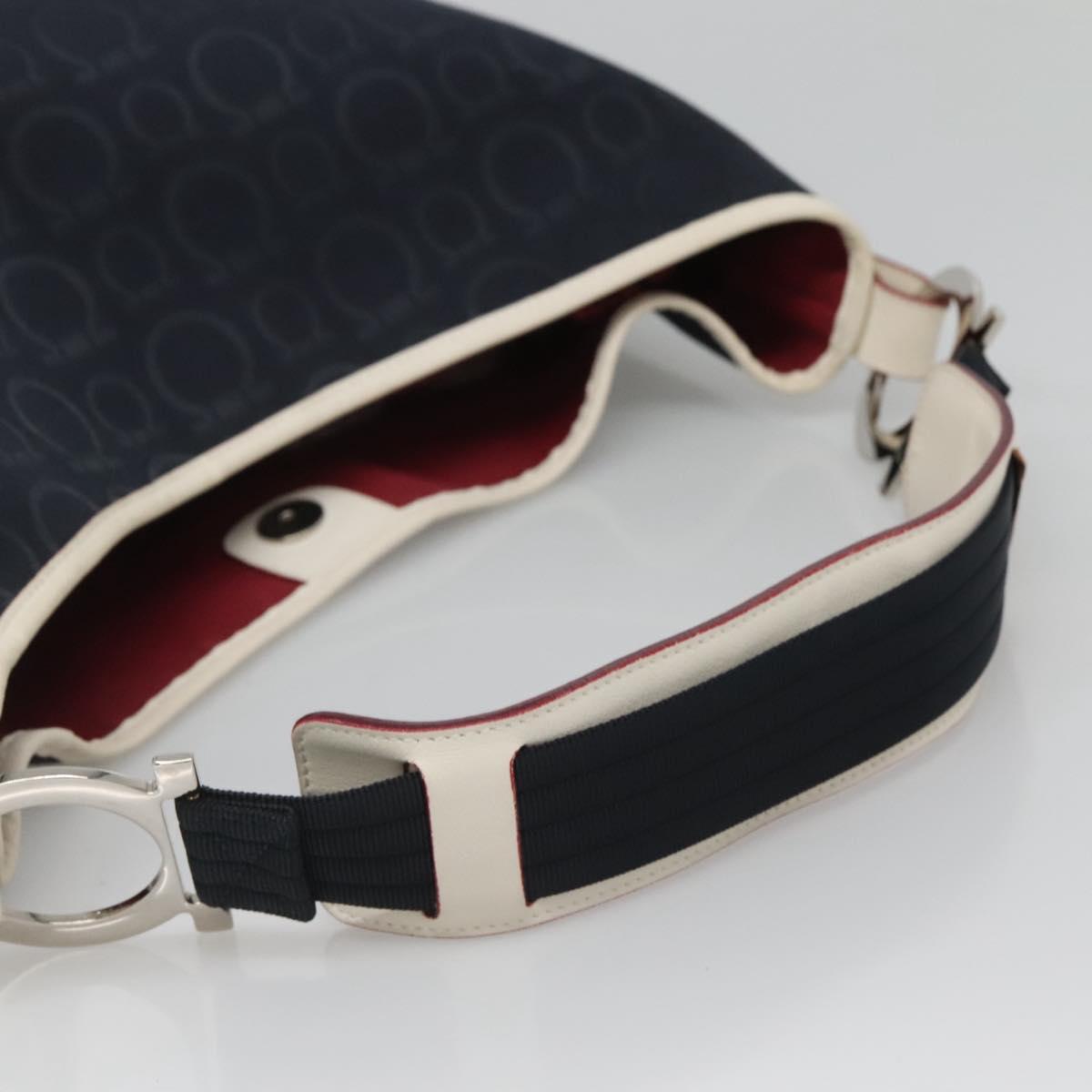 Salvatore Ferragamo Gancini Shoulder Bag Canvas Navy Silver Auth bs24930