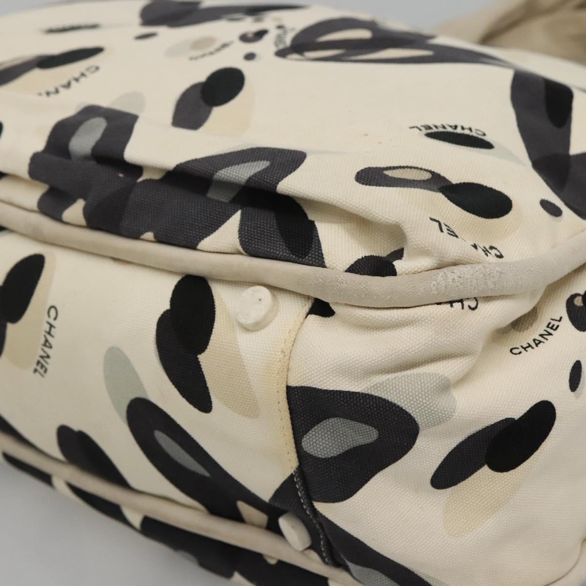 CHANEL Tote Bag Canvas White Silver CC Auth bs24978