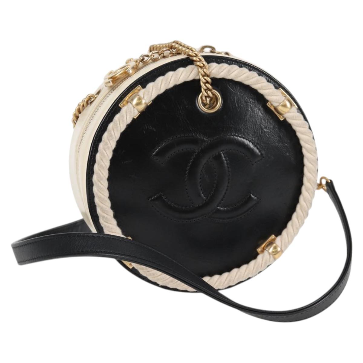 CHANEL Matelasse COCO Mark Chain Round Rope Bag Leather Black CC Auth bs25005A