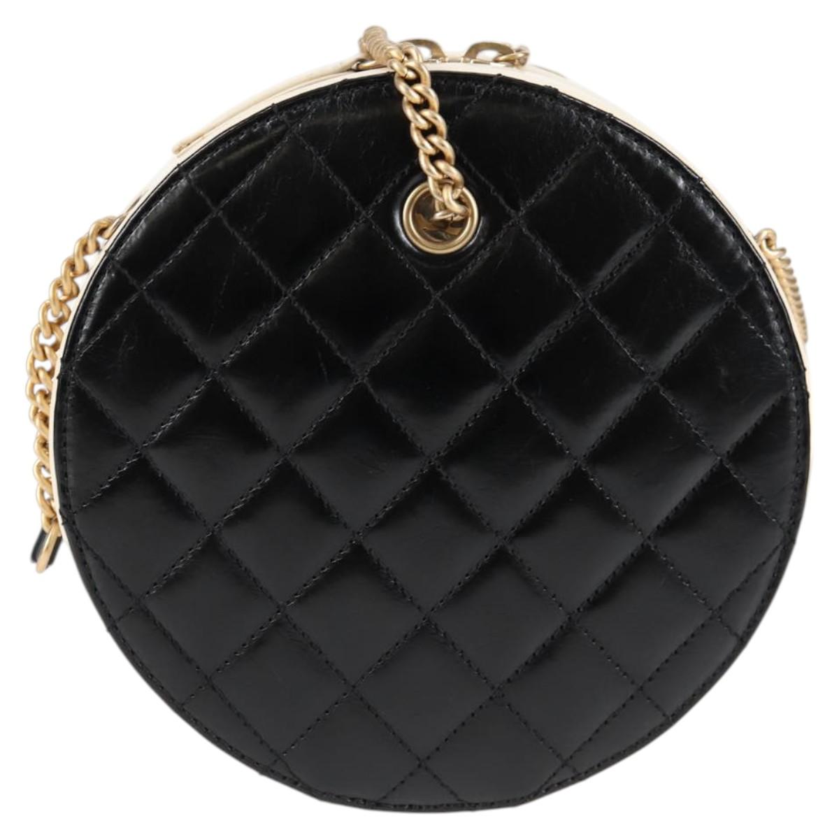 CHANEL Matelasse COCO Mark Chain Round Rope Bag Leather Black CC Auth bs25005A