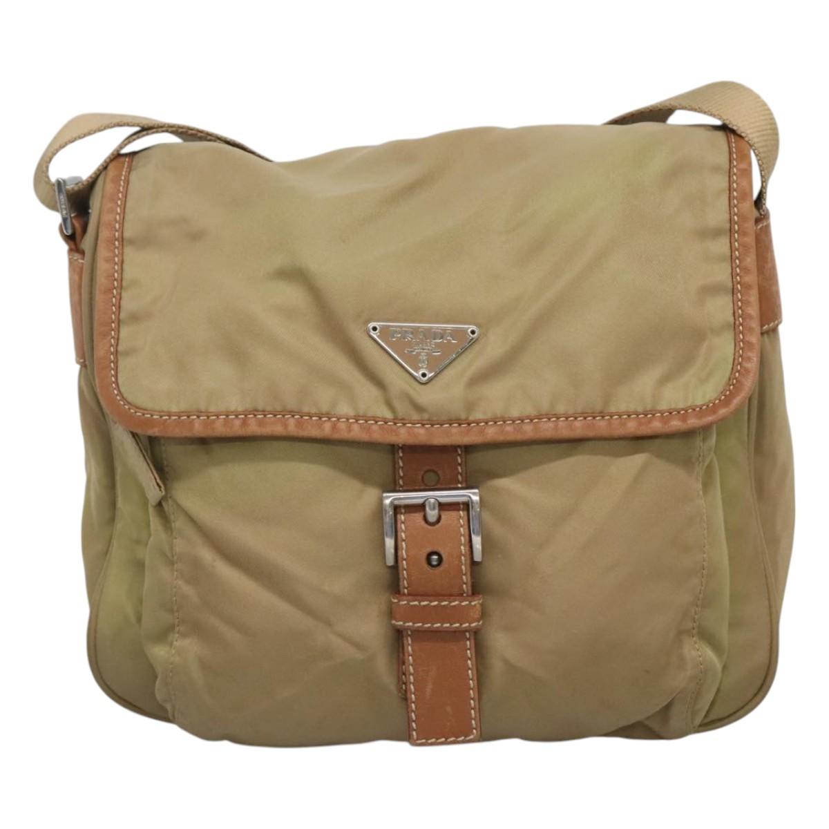 PRADA Shoulder Bag Nylon Beige Silver Auth bs25014