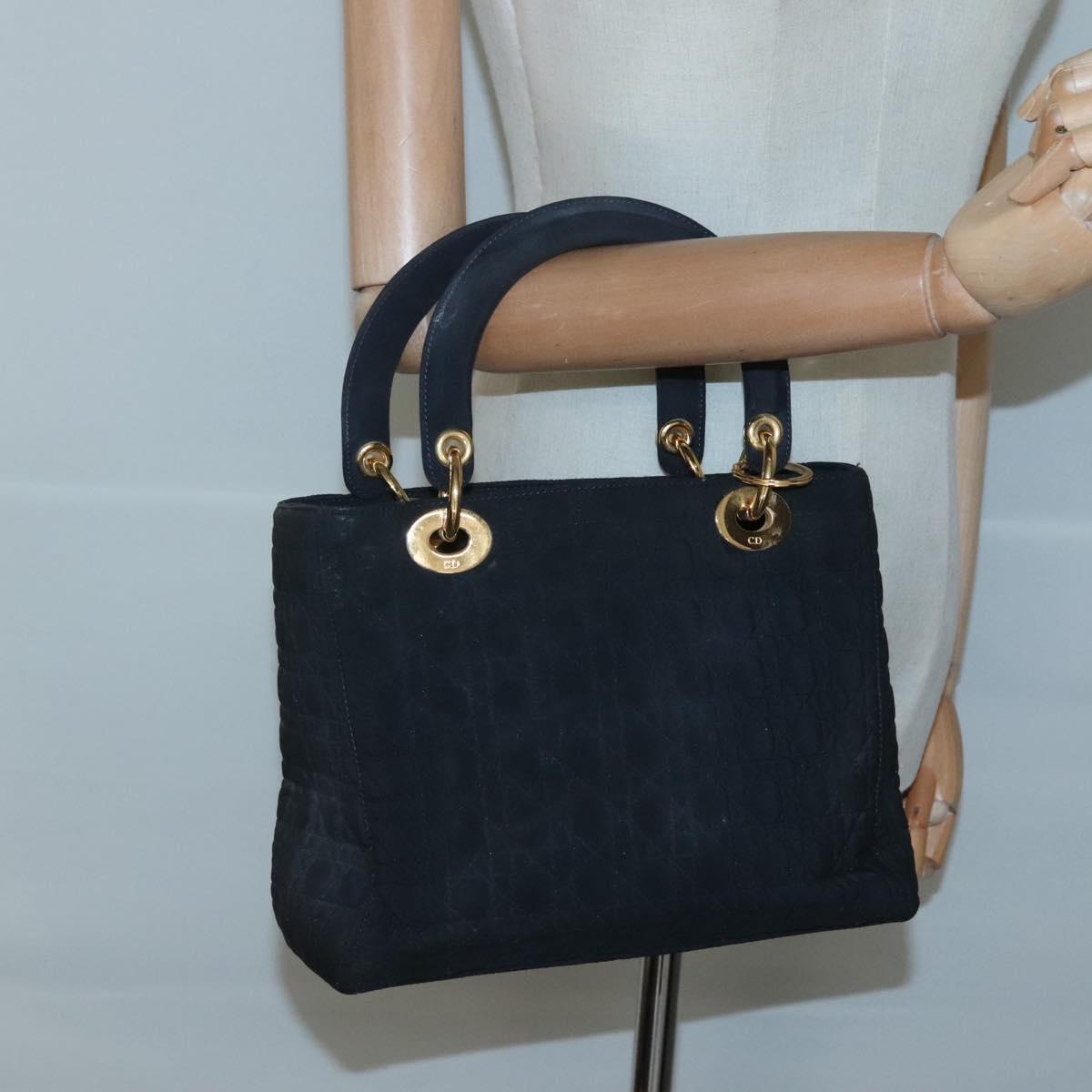 Christian Dior Canage Hand Bag Nylon Navy Gold Auth bs25043